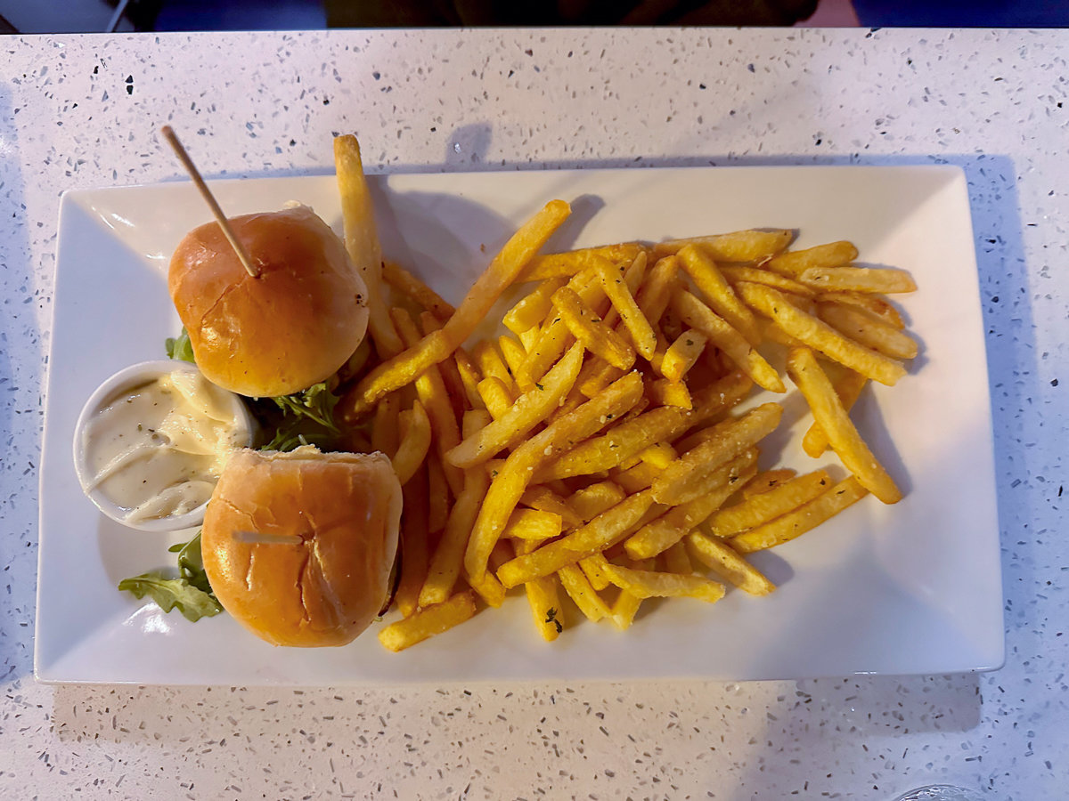 two sliders with french fries on a rectangle plate